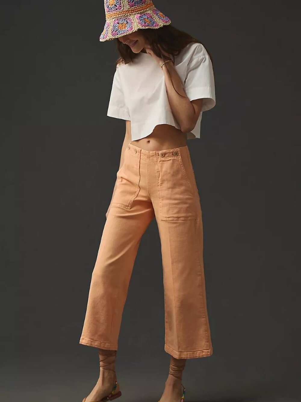 Pilcro The Kit Cropped High-Rise Wide-Leg Trouser Jeans Peach 16W NWOT